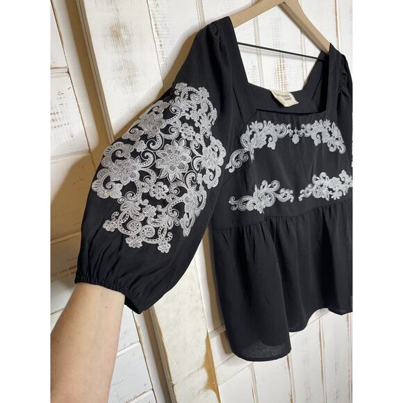 Savanna Jane Boho Blouse Long Sleeve Floral Embroidered Peplum Puff Sleeve Top L - Picture 2 of 8